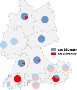 Relative Auftretenshäufigkeit von das Silvester / der Silvester innerhalb der einzelnen Areale