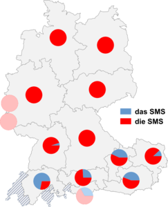 Relative Auftretenshäufigkeit von das SMS (MMS) / die SMS (MMS) innerhalb der einzelnen Areale