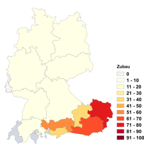 Relative Auftretenshäufigkeit von Zubau innerhalb der einzelnen Areale im Verhältnis zu Anbau (in %)