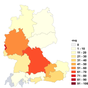 Relative Auftretenshäufigkeit von -zug innerhalb der einzelnen Areale im Verhältnis zu -umzug (in %)