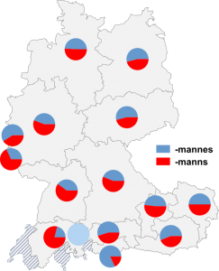 Relative Auftretenshäufigkeit von -mannes / -manns innerhalb der einzelnen Areale