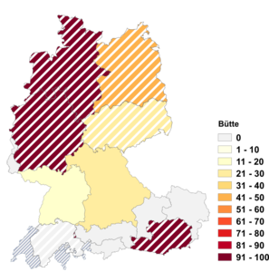 Relative Auftretenshäufigkeit von Bütte innerhalb der einzelnen Areale im Verhältnis zu Butte (in %)