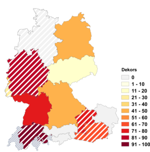 Relative Auftretenshäufigkeit von Dekors innerhalb der einzelnen Areale im Verhältnis zu Dekore (in %)