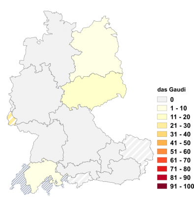 Relative Auftretenshäufigkeit von das Gaudi innerhalb der einzelnen Areale im Verhältnis zu der Gaudi und die Gaudi (in %)