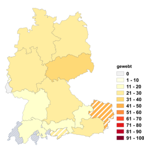 Relative Auftretenshäufigkeit von gewebt innerhalb der einzelnen Areale im Verhältnis zu gewoben (in %)