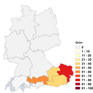 Relative Auftretenshäufigkeit von Grün- innerhalb der einzelnen Areale im Verhältnis zu Grünen- (in %)