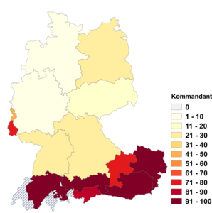 Relative Auftretenshäufigkeit von Kommandant innerhalb der einzelnen Areale im Verhältnis zu Kommandeur (in %)