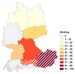 Relative Auftretenshäufigkeit von Mürbteig innerhalb der einzelnen Areale im Verhältnis zu Mürbeteig (in %)