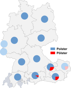 Relative Auftretenshäufigkeit von Polster / Pölster innerhalb der einzelnen Sprachregionen