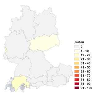 Relative Auftretenshäufigkeit von drehen innerhalb der einzelnen Areale im Verhältnis zu sich drehen (in %)