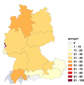 Relative Auftretenshäufigkeit von gesogen innerhalb der einzelnen Areale im Verhältnis zu gesaugt (in %)