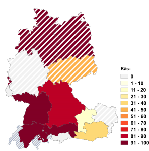 Relative Auftretenshäufigkeit von Käs- innerhalb der einzelnen Areale im Verhältnis zu Kas- (in %)