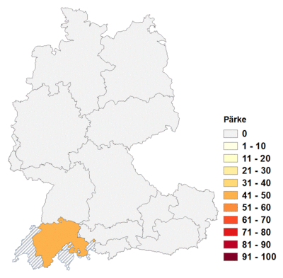 Relative Auftretenshäufigkeit von Pärke innerhalb der einzelnen Areale im Verhältnis zu Parke und Parks (in %)