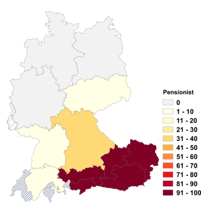 Relative Auftretenshäufigkeit von Pensionist innerhalb der einzelnen Areale im Verhältnis zu Pensionär und Pensionierte (in %)