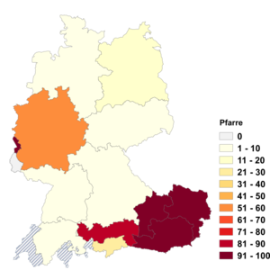 Relative Auftretenshäufigkeit von Pfarre innerhalb der einzelnen Areale im Verhältnis zu Pfarrei (in %)