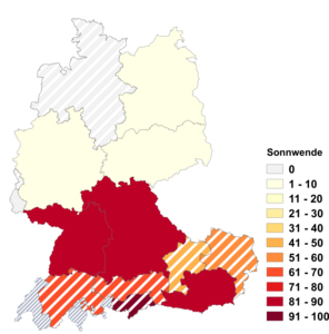 Relative Auftretenshäufigkeit von Sonnwende- innerhalb der einzelnen Areale im Verhältnis zu Sonnenwende (in %)
