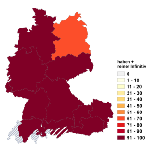 Relative Auftretenshäufigkeit von haben + reiner Infinitiv innerhalb der einzelnen Areale im Verhältnis zu haben + zu-Infinitiv (in %)