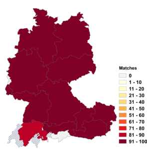 Relative Auftretenshäufigkeit von Matches innerhalb der einzelnen Areale im Verhältnis zu Matchs (in %)
