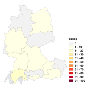 Relative Auftretenshäufigkeit von spitzig innerhalb der einzelnen Areale im Verhältnis zu spitz (in %)