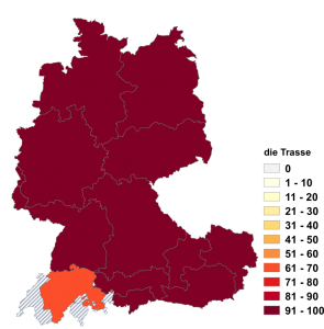 Relative Auftretenshäufigkeit von die Trasse innerhalb der einzelnen Areale im Verhältnis zu das Trasse (in %)
