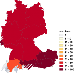 Relative Auftretenshäufigkeit von -verdiener innerhalb der einzelnen Areale im Verhältnis zu -verdienende (in %)
