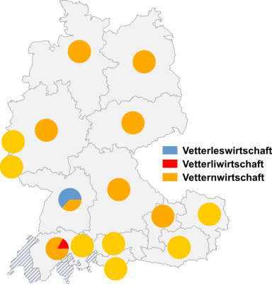 Relative Auftretenshäufigkeit von Vetterleswirtschaft / Vetterliwirtschaft / Vetternwirtschaft innerhalb der einzelnen Areale