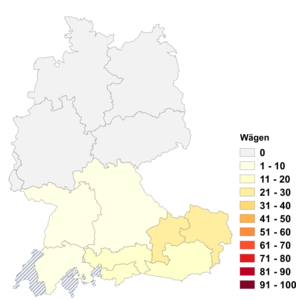 Relative Auftretenshäufigkeit von Wägen innerhalb der einzelnen Areale im Verhältnis zu Wagen (in %)