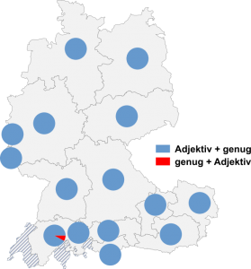 Relative Auftretenshäufigkeit von Adjektiv + genug / genug + Adjektiv innerhalb der einzelnen Areale