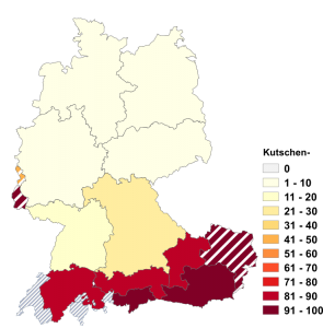 Relative Auftretenshäufigkeit von Kutschen- innerhalb der einzelnen Areale im Verhältnis zu Kutsch- (in %)