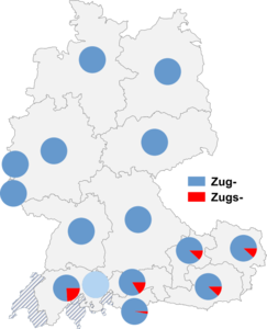 Relative Auftretenshäufigkeit von Zug- / Zugs- innerhalb der einzelnen Areale