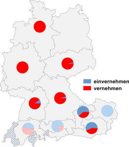 Relative Auftretenshäufigkeit von einvernehmen / vernehmen innerhalb der einzelnen Areale