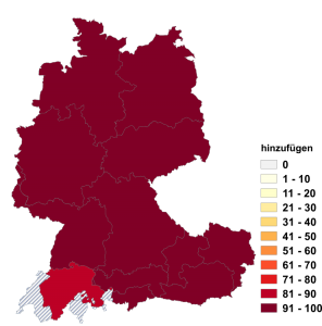 Relative Auftretenshäufigkeit von hinzufügen innerhalb der einzelnen Areale im Verhältnis zu beifügen (in %)