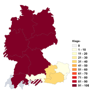 Relative Auftretenshäufigkeit von Klage- innerhalb der einzelnen Areale im Verhältnis zu Klags- (in %)