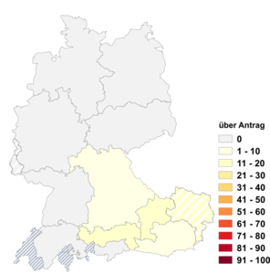 Relative Auftretenshäufigkeit von über Antrag innerhalb der einzelnen Areale im Verhältnis zu auf Antrag (in %)