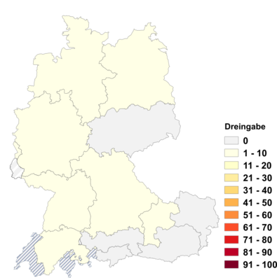 Relative Auftretenshäufigkeit von Dreingabe innerhalb der einzelnen Areale im Verhältnis zu Draufgabe und Zugabe (in %)
