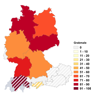 Relative Auftretenshäufigkeit von Grabmale innerhalb der einzelnen Areale im Verhältnis zu Grabmäler (in %)