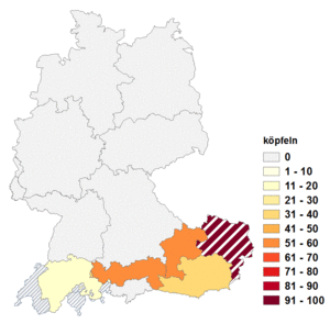 Relative Auftretenshäufigkeit von köpfeln innerhalb der einzelnen Areale im Verhältnis zu köpfen (in %)