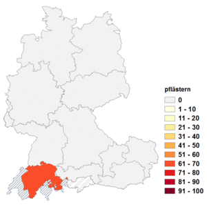 Relative Auftretenshäufigkeit von pflästern innerhalb der einzelnen Areale im Verhältnis zu pflastern (in %)