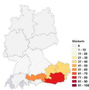 Relative Auftretenshäufigkeit von Stückerln innerhalb der einzelnen Areale im Verhältnis zu Stückerl (in %)
