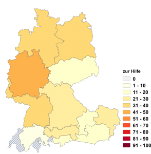 Relative Auftretenshäufigkeit von zur Hilfe innerhalb der einzelnen Areale im Verhältnis zu zu Hilfe (in %)
