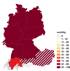 Relative Auftretenshäufigkeit von anstößig innerhalb der einzelnen Areale im Verhältnis zu stossend (in %)