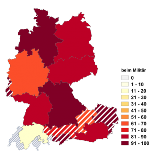 Relative Auftretenshäufigkeit von beim Militär innerhalb der einzelnen Areale im Verhältnis zu im Militär (in %)