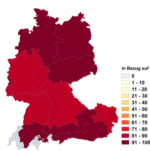 Relative Auftretenshäufigkeit von in Bezug auf innerhalb der einzelnen Areale im Verhältnis zu im Bezug auf (in %)