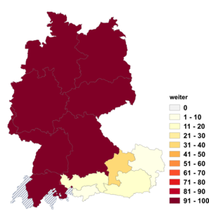 Relative Auftretenshäufigkeit von weiter innerhalb der einzelnen Areale im Verhältnis zu weiters (in %)