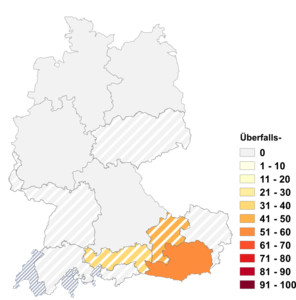 Relative Auftretenshäufigkeit von Überfalls- innerhalb der einzelnen Areale im Verhältnis zu Überfall- (in %)