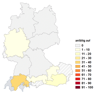 Relative Auftretenshäufigkeit von anfällig auf innerhalb der einzelnen Areale im Verhältnis zu anfällig für und anfällig gegen (in %)