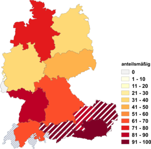 Relative Auftretenshäufigkeit von anteilsmäßig innerhalb der einzelnen Areale im Verhältnis zu anteilmäßig (in %)