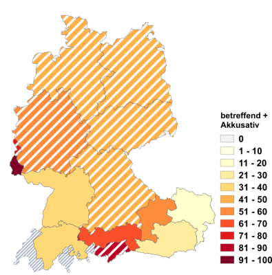 Relative Auftretenshäufigkeit von betreffend + Akkusativ innerhalb der einzelnen Areale im Verhältnis zu betreffend + Dativ und betreffend + Genitiv (in %)