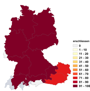 Relative Auftretenshäufigkeit von erschliessen innerhalb der einzelnen Areale im Verhältnis zu aufschliessen (in %)