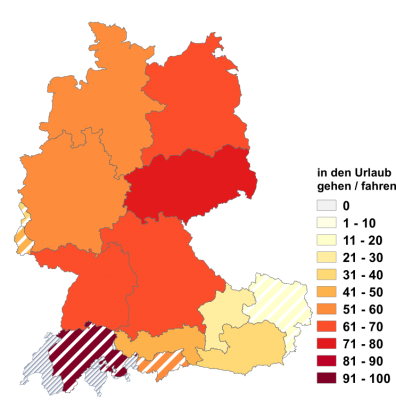 Relative Auftretenshäufigkeit von in den Urlaub gehen / fahren innerhalb der einzelnen Areale im Verhältnis zu auf Urlaub gehen / fahren und in Urlaub gehen / fahren (in %)